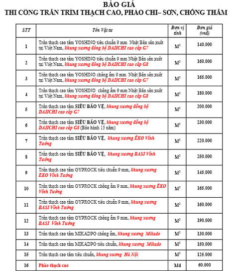 bảng báo giá thi công trần thạch cao lào cai